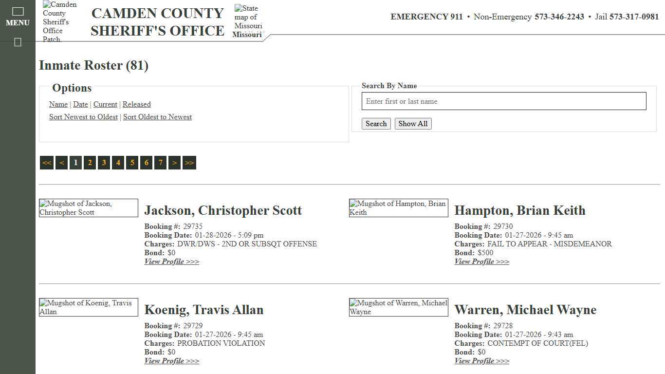 Inmate Roster - Current Inmates Booking Date Descending - Camden County Missouri Sheriff's Office